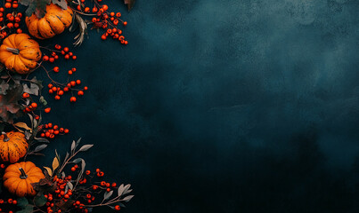 Pumpkins and berries are arranged on a dark blue background, creating a festive fall scene. The arrangement is a great visual representation of the autumn season