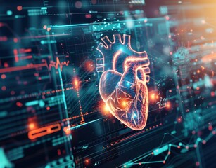 Heart testing results on digital interface on laboratory or surgical background, innovative technology in science and medicine concept. medical technology