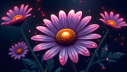 Obraz premium Colorful daisies in a dreamy atmosphere, blooming on a dark background