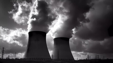 black and white nuclear plant blowing smoke into the air