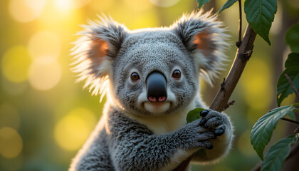 Obraz premium Cute koala smiling while sitting on a tree branch with blurred green background