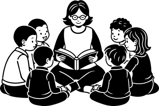 recommend clip art: A teacher sitting in a circle with kindergarten children, reading a colorful storybook