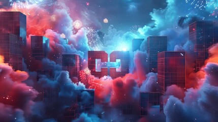Fototapeta premium A futuristic cityscape with a large 'C' in the center, surrounded by clouds and glowing lights, creating a sense of wonder and technological advancement.