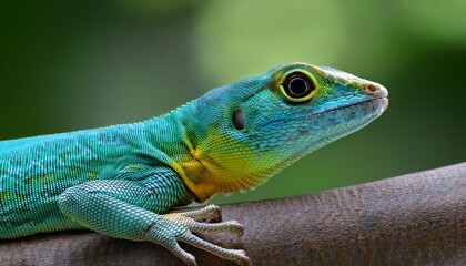 Fototapeta premium photograph of a green and blue lizard with a yellow belly and black eyes