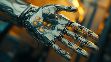 Reflections on the robotic hand show intricate details, giving a lifelike feel.