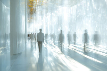 Blurred People Walking Through Modern Building