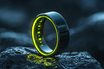 Obsidian smart ring emanating lime green health metrics, tech-noir.