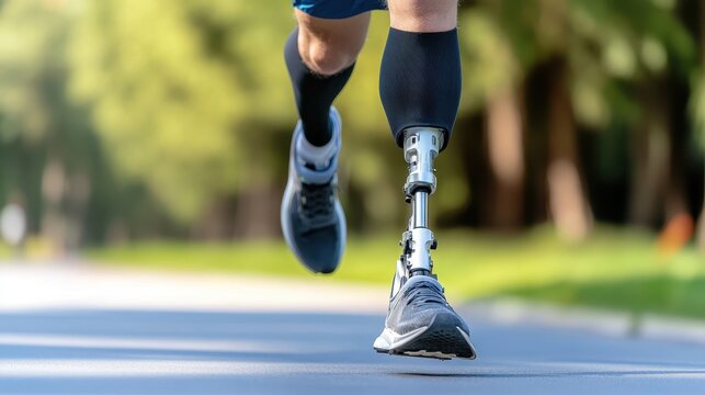 Close-up of an athlete with a prosthetic leg running on a road, symbolizing strength, resilience, and adaptive sports.