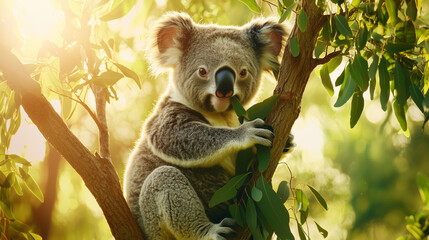 Fototapeta premium Serene koala on eucalyptus branch in sunlight, capturing Australian wilderness tranquility
