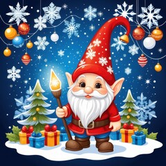 Cute festive gnome in vector style, adorned with holiday decorations, snowflakes, and New Year's lights