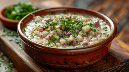 Creamy bean and potato stew with herbs in ceramic bowl