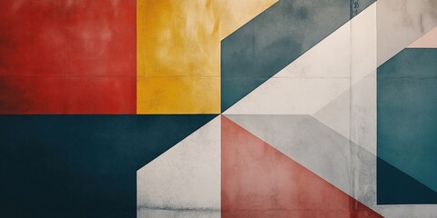 Fototapeta premium Vibrant geometric abstract mural with colorful shapes and textures on wall, urban art exploration concept