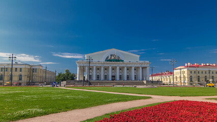 Naklejka premium View of the former stock exchange and the naval Museum timelapse hyperlapse. St.Petersburg. Russia.