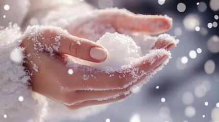 Fototapeta premium Hands applying winter moisturizer with a soft-focus snowy background, highlighting rich, creamy textures
