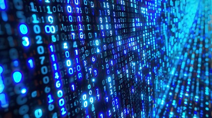 LED screen displaying binary code for cyber war and data analysis.