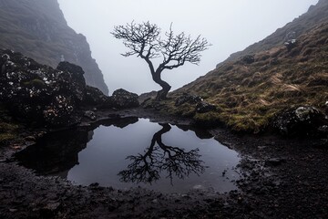 Lonely tree reflected in serene pond amid foggy mountains, creating a tranquil landscape.