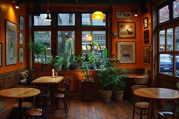 Fototapeta premium A warm and inviting cafe features wooden tables, lush plants near large windows, and soft lighting, creating a serene atmosphere perfect for relaxation or studying on a rainy day