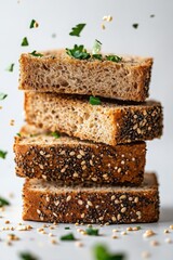Whole grain bread slices with floating seeds and herbs in a fresh and rustic scene