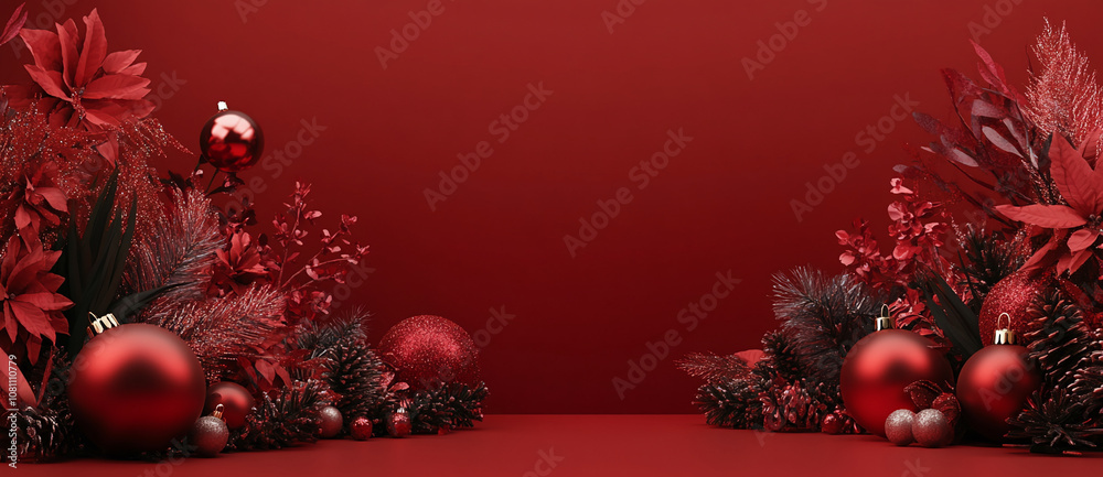 Aufkleber red christmas ornaments and greenery are arranged on a red surface, creating a festive holiday backd