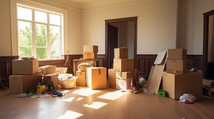 Sunlit room filled with scattered cardboard boxes, embodying the chaos of moving day.