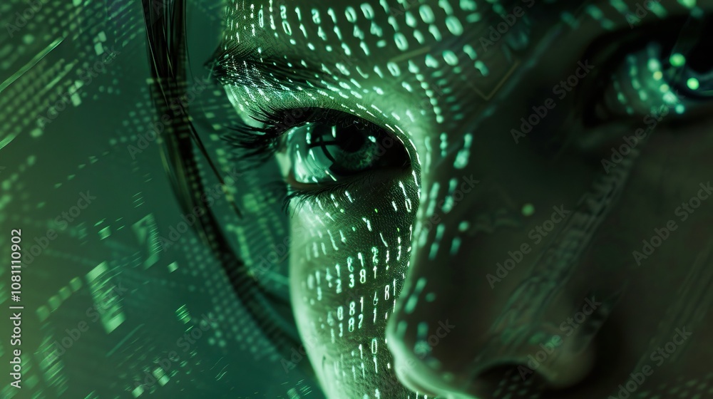 Poster artificial intelligence theme with binary code and female face.