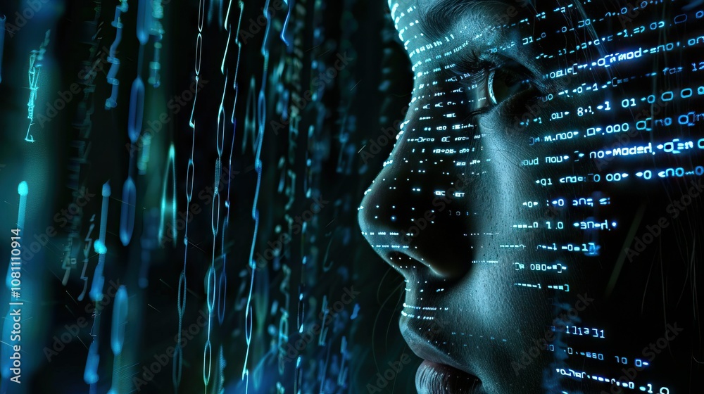 Poster artificial intelligence theme with binary code and female face.