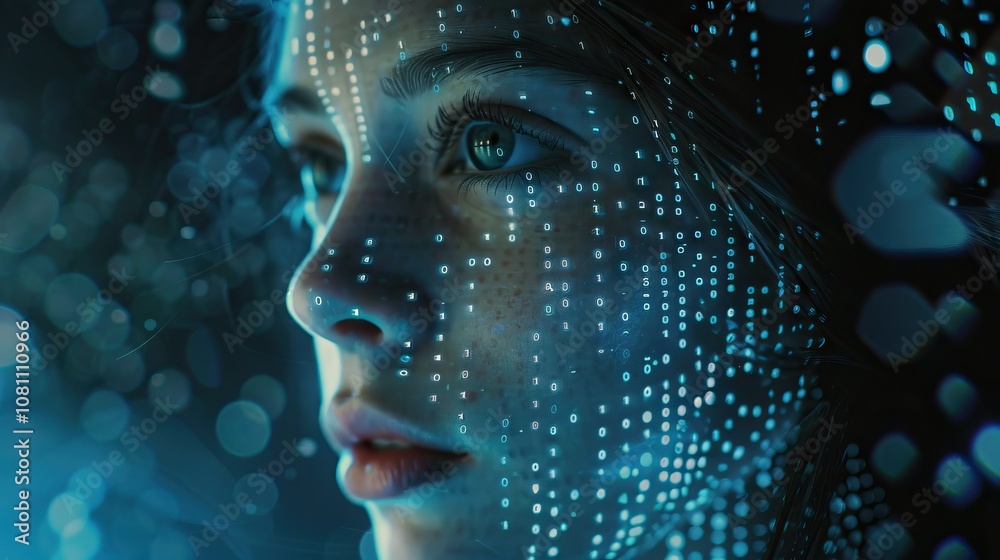 Poster artificial intelligence theme with binary code and female face.