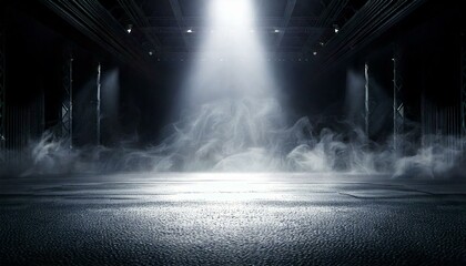 Fototapeta premium Stage white smoke spotlight background. Empty space of Studio dark room concrete floor grunge texture background with spot lighting and fog or mist in background.