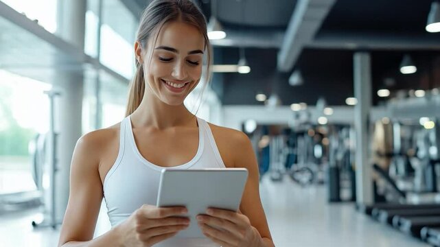A woman in fitwear enjoys her workout routine as she uses a tablet for guidance in a spacious, well equipped gym