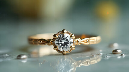 A Classic Gold Diamond Ring with Intricate Detailing Placed on a Clear Background Making the Diamond's Sparkle Truly Shine