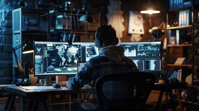 Hacker breaches net security  programmer and web designer work.