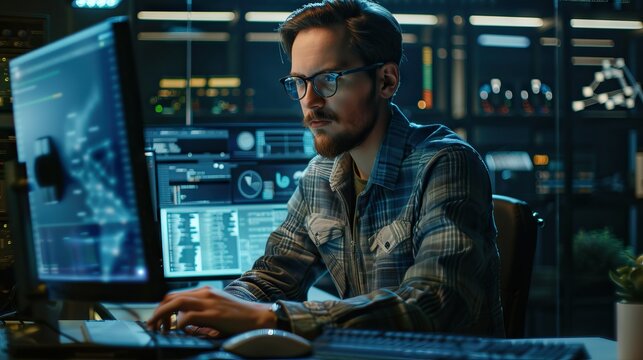 Hacker breaches net security  programmer and web designer work.