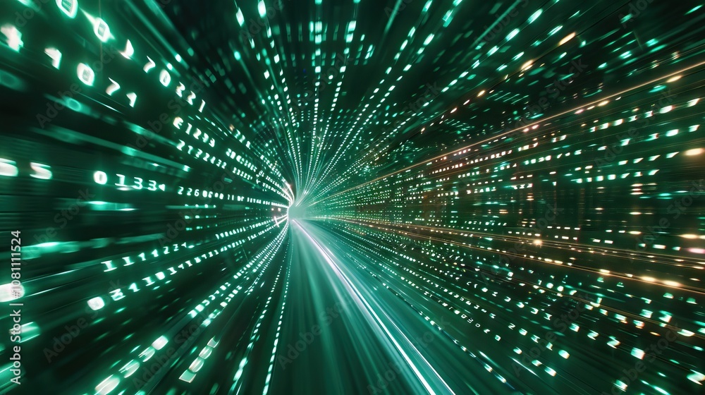 Poster fast moving binary code on blurred track digital technology concept.