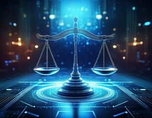 digital scales of justice illuminated against tech inspired background symbolize intersection of law and technology this image captures essence of modern legal practices