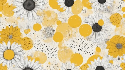 Floral pattern with hand-drawn sunflowers and yellow circles on a textured background