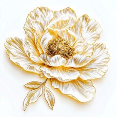 3d, luxury golden peony flower line art on white background