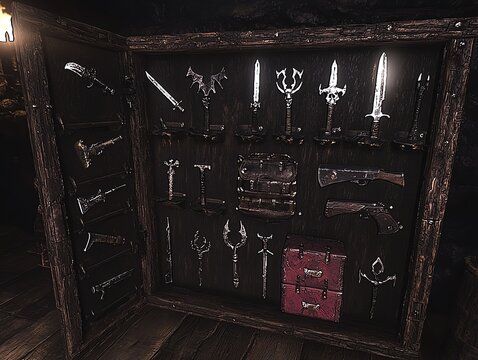 Collection of medieval weapons displayed in a wooden cabinet with dim lighting.