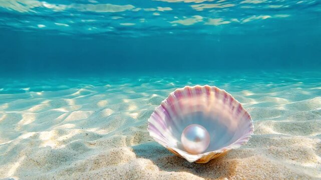 A stunning shell rests on the sandy ocean floor, revealing a lustrous pearl shining in the calm, clear waters of a tropical location