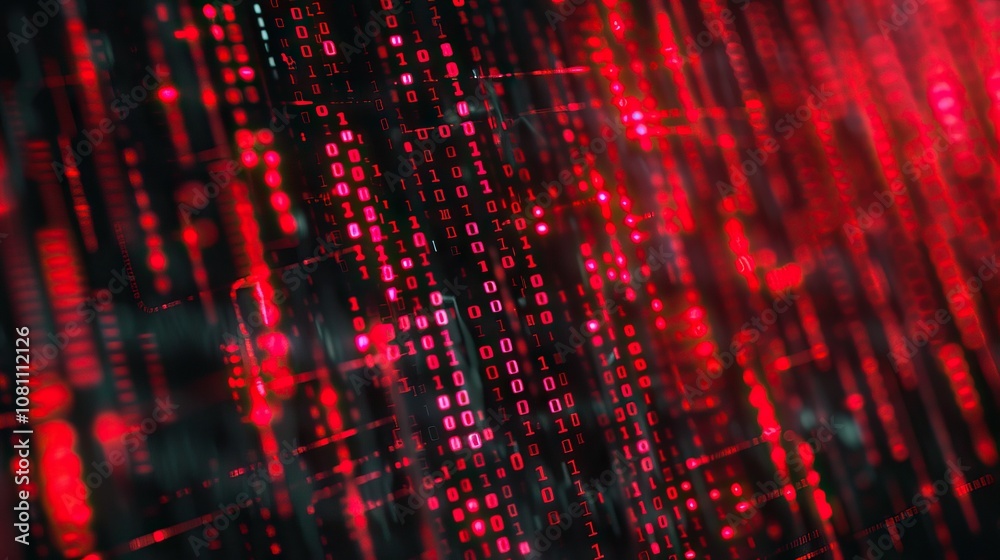 Poster binary code background with red accents computer malware concept.