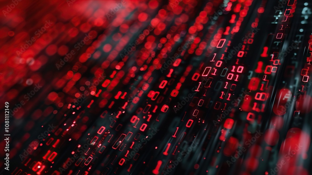 Poster binary code background with red accents computer malware concept.