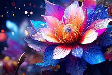 Radiant floral artwork with bold colors, fluid shapes. Conveys sense of joy, inspiration. For web design, print, artistic collaboration, digital art collection, website, poster, greeting card, print.