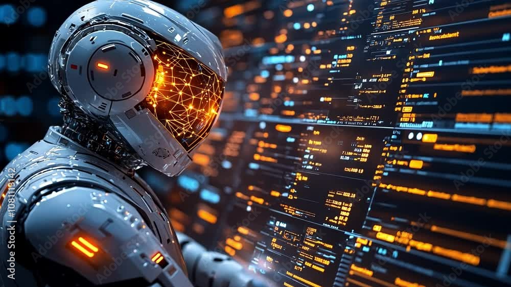 Poster futuristic robot analyzing complex data in a high-tech digital environment at night