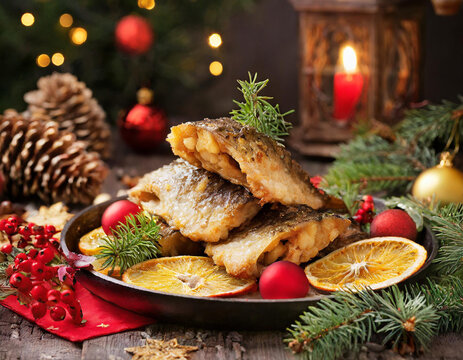 Świąteczny smażony karp wigilijny potrawa