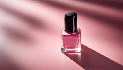 a bottle of pink nail polish sits on a pink surface awaiting use
