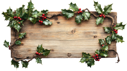 Rustic Wooden Sign Decorated with Christmas Holly and Red Berries PNG. Rustic Christmas Wooden Sign PNG