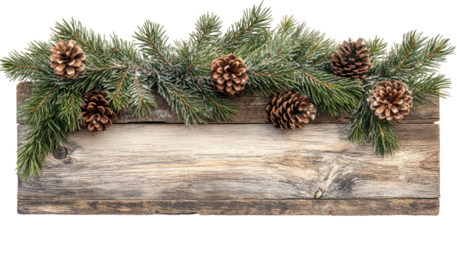 Rustic Christmas Sign with Pine Cones and Evergreen Branches on Transparent Background. Rustic Christmas Wooden Sign PNG