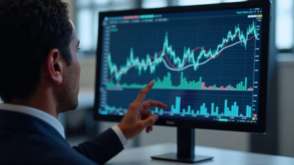 a man in a suit looking at a computer screen displaying stock market charts
