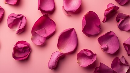 Pink rose petals arranged on pastel pink background
