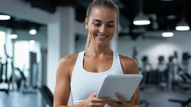 A fitness lady checks her tablet in a gym, planning her workout routine and tracking her progress online during training hours
