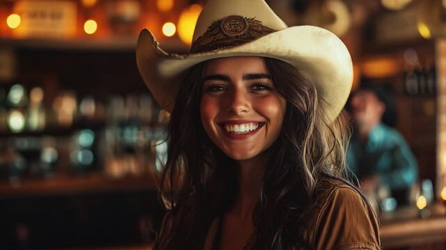 A cheerful young woman wearing a cowboy hat in a rustic bar, enjoys a lively moment filled with warm lights